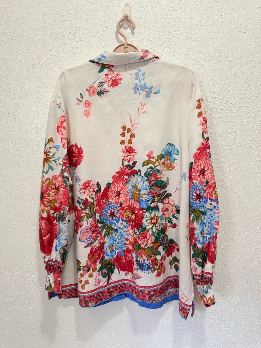 Cynthia Rowley 100% linen Button-Front Shirt Red, Blue & Green Floral Border 2X - Picture 11 of 11